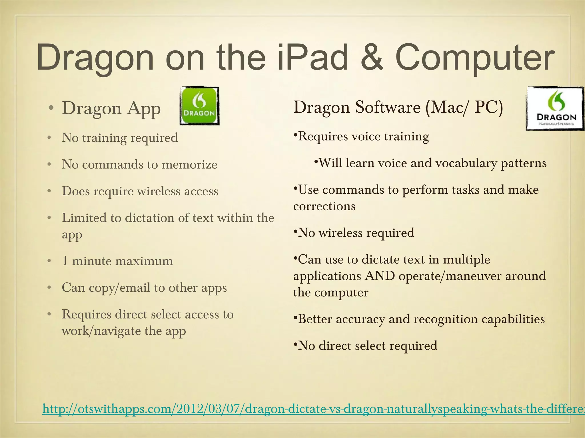 Dragon on the iPad & Computer
• Dragon App                                Dragon Software (Mac/ PC)
• No training required                      •Requires voice training

• No commands to memorize                      •Will learn voice and vocabulary patterns

• Does require wireless access              •Use commands to perform tasks and make
                                            corrections
• Limited to dictation of text within the
  app                                       •No wireless required

• 1 minute maximum                          •Can use to dictate text in multiple
                                            applications AND operate/maneuver around
• Can copy/email to other apps              the computer
• Requires direct select access to          •Better accuracy and recognition capabilities
  work/navigate the app
                                            •No direct select required



http://otswithapps.com/2012/03/07/dragon-dictate-vs-dragon-naturallyspeaking-whats-the-differen
 