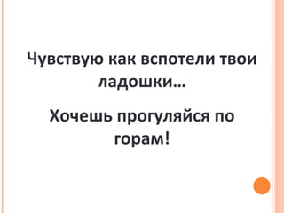Чувствую как вспотели твои ладошки… Хочешь прогуляйся по горам! 