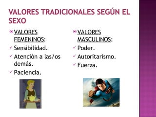 VALORES FEMENINOS : Sensibilidad. Atención a las/os demás. Paciencia. VALORES MASCULINOS : Poder. Autoritarismo. Fuerza. 