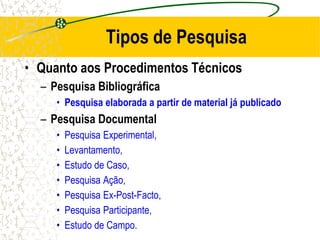 Tipos de Pesquisa
• Quanto aos Procedimentos Técnicos
– Pesquisa Bibliográfica
• Pesquisa elaborada a partir de material já publicado
– Pesquisa Documental
• Pesquisa Experimental,
• Levantamento,
• Estudo de Caso,
• Pesquisa Ação,
• Pesquisa Ex-Post-Facto,
• Pesquisa Participante,
• Estudo de Campo.
 