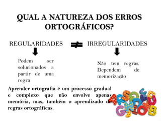 QUAL A NATUREZA DOS ERROS
ORTOGRÁFICOS?
REGULARIDADES IRREGULARIDADES
Podem ser
solucionados a
partir de uma
regra
Não tem regras.
Dependem de
memorização
Aprender ortografia é um processo gradual
e complexo que não envolve apenas
memória, mas, também o aprendizado de
regras ortográficas.
 