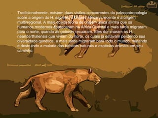 • Tradicionalmente, existem duas visões concorrentes da paleoantropologia
sobre a origem do H. sapiens: a origem africana recente e a origem
multirregional. A mais aceita teoria de origem única afirma que os
humanos modernos apareceram na África Oriental e mais tarde migraram
para o norte, quando as geleiras recuaram. Eles dominaram os H.
neanderthalensis que viviam do norte, os quais já estavam perdendo sua
diversidade genética, e mais tarde migraram para todo o mundo, matando
e destruindo a maioria dos habitats naturais e espécies animais em seu
caminho.
 