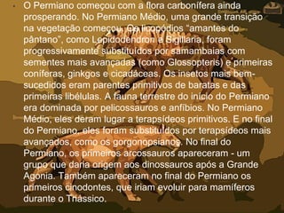 • O Permiano começou com a flora carbonífera ainda
prosperando. No Permiano Médio, uma grande transição
na vegetação começou. Os licopódios “amantes do
pântano”, como Lepidodendron e Sigillaria, foram
progressivamente substituídos por samambaias com
sementes mais avançadas (como Glossopteris) e primeiras
coníferas, ginkgos e cicadáceas. Os insetos mais bem-
sucedidos eram parentes primitivos de baratas e das
primeiras libélulas. A fauna terrestre do início do Permiano
era dominada por pelicossauros e anfíbios. No Permiano
Médio, eles deram lugar a terapsídeos primitivos. E no final
do Permiano, eles foram substituídos por terapsídeos mais
avançados, como os gorgonopsianos. No final do
Permiano, os primeiros arcossauros apareceram - um
grupo que daria origem aos dinossauros após a Grande
Agonia. Também apareceram no final do Permiano os
primeiros cinodontes, que iriam evoluir para mamíferos
durante o Triássico.
 