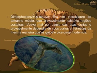 • Dimorphodon(201.6-183.0Ma) Era um pterossauro de
tamanho médio, que provavelmente habitava regiões
costeiras. Voava mal por causa das asas curtas e
provavelmente dependia de voos curtos e frenéticos da
mesma maneira que os galos e pica-paus modernos.
 