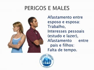 Afastamento entre
esposo e esposa:
Trabalho,
Interesses pessoais
(estudo e lazer),
Afastamento       entre
  pais e filhos:
Falta de tempo.
 