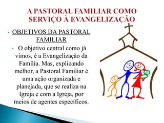 •   OBJETIVOS DA PASTORAL
              FAMILIAR
    • O objetivo central como já
     vimos, é a Evangelização da
       Família. Mas, explicando
     melhor, a Pastoral Familiar é
        uma ação organizada e
      planejada, que se realiza na
       Igreja e com a Igreja, por
     meios de agentes específicos.
 