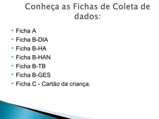 Ficha A
 Ficha B-DIA
 Ficha B-HA
 Ficha B-HAN
 Ficha B-TB
 Ficha B-GES
 Ficha C - Cartão da criança.
 