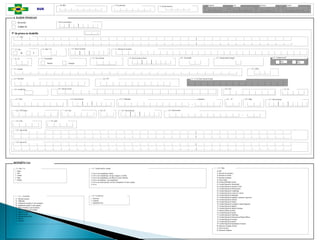 4. DADOS PESSOAIS
4.1 - Nome
4.15 - PIS/PASEP 4.16 - CPF
4.35 - Nome da Mãe
4.4 - Data de Nascimento
4.7 - Nacionalidade
4.2 - Sexo
M F
4.25 - UF
4.19 - Nome do Cartório 4.20 - Livro 4.21 - Fls
4.22 - Termo 4.23 - Data de Emissão 4.24 - Nº Identidade 4.26 - Órgão 4.27 - Data de Emissão
4.10 - Escolaridade
4.31 - Data de Emissão4.30 - UF4.29 - Série4.28 - CTPS Número
Brasileiro Estrangeiro
4.5 - Município de Nascimento
4.8 - País de Origem
4.10 - Escolaridade
01 - Não sabe ler/escrever
02 - Alfabetizado
03 - Fundamental incompleto (1º grau incompleto)
04 - Fundamental completo (1º grau completo)
05 - Médio incompleto (2º grau incompleto)
06 - Médio completo (2º grau completo)
07 - Superior incompleto
08 - Superior completo
09 - Especialização/Residência
10 - Mestrado
11 - Doutorado
1 - Nascimento
2 - Casamento
3 - Separação/Divórcio
4.18 - Certidão/Tipo
10- SSP
41- Ministério da Aeronáutica
42- Ministério do Exército
43- Ministério da Marinha
44- Polícia Federal
60- Carteira de Identidade Classista
61- Conselho Regional de Administração
62- Conselho Regional de Assistência Social
63- Conselho Regional de Biblioteconomia
64- Conselho Regional de Contabilidade
65- Conselho Regional de Corretores de Imóveis
66- Conselho Regional de Enfermagem
67- Conselho Regional de Engenharia, Arquitetura e Agronomia
68- Conselho Regional de Estatística
69- Conselho Regional de Farmácia
70- Conselho Regional de Fisioterapia e Terapia Ocupacional
71- Conselho Regional de Medicina
72- Conselho Regional de Medicina Veterinária
73- Ordem dos Músicos do Brasil
74- Conselho Regional de Nutrição
75- Conselho Regional de Odontologia
76- Conselho Regional de Profissionais de Relações Públicas
77- Conselho Regional de Psicologia
78- Conselho Regional de Química
79- Conselho Regional de Representantes Comerciais
80- Ordem dos Advogados do Brasil
81- Outros Emissores
82- Documento Estrangeiro
4.26 - Órgão
Segmento Área Microárea Família
SUS
N.º da ficha domiciliar
N.º do cadastrador
4.14 - CBO-R
Nº da pessoa no domicílio
4.11 - Situação familiar/conjugal
4.3 - Raça / Cor
Cód. IBGE
4.17 - N º do Cartão Nacional de Saúde
4.32 - Título de eleitor
4.36 - Nome do Pai
1 - Branca
2 - Preta
3 - Amarela
4 - Parda
5 - Indígena
4.3 - Raça / Cor
1- Convive com companheira(o) e filho(s)
2- Convive com companheira(o), com laços conjugais e sem filhos
3- Convive com companheira(o), com filho(s) e/ou outros familiares
4- Convive com familiar(es), sem companheira(o)
5- Convive com outra(s) pessoa(s), sem laços consangüíneos e/ou laços conjugais
6- Vive só
4.11 - Situação familiar /conjugal
REFERÊNCIAS
4.12 - Freqüenta escola?
Sim Não
-
4.34 - Seção4.33 - Zona
4.18 - Certidão/Tipo
4.13 - Ocupação
4.9 - Data de entrada no Brasil4.6 - UF
Complemento
-
Data de preenchimentoINCLUSÃO
ALTERAÇÃO
 