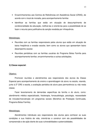 13
• Encaminhamentos aos Centros de Referências em Assistência Social (CRAS), de
acordo com o local de moradia, para acompanhamento familiar.
• Identificar as famílias que estão em situação de descumprimento de
condicionalidade da educação, notificá-las e orientá-las para a possibilidade de se
fazer o recurso para justificativa da sanção recebida por infrequência.
Metodologia:
• Reuniões com as famílias responsáveis pelos alunos que estão em situação de
baixa freqüência e evasão escolar, bem como os alunos que apresentam baixo
desempenho escolar.
• Reuniões periódicas com as famílias usuárias do Programa Bolsa Família para
acompanhamento familiar, encaminhamentos e outras solicitações.
3) Classe especial:
Objetivo:
Promover reuniões e atendimentos aos responsáveis dos alunos da Classe
Especial para acompanhamento do ensino e aprendizagem do aluno na escola, visando,
junto à 2a
CRE e escola, a avaliação periódica do aluno para permanência ou não nesta
classe.
Fazer levantamento de demandas específicas da família e do aluno, como:
atendimento médico especializado, fisioterapia, fonoaudiologia, psicologia, necessidade
de inclusão/manutenção em programas sociais (Benefício de Prestação Continuada,
Programa Bolsa Família).
Metodologia:
Atendimentos individuais aos responsáveis dos alunos para conhecer as suas
condições e sua história de vida, orientá-las e construir com ela possibilidades de
compreensão e de ação diante de suas vulnerabilidades e potencialidades.
 