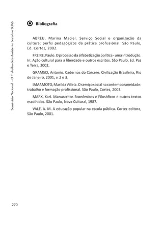 Bibliografia
ABREU, Marina Maciel. Serviço Social e organização da
cultura: perfis pedagógicos da prática profissional. São Paulo,
Ed. Cortez, 2002.
FREIRE,Paulo.Oprocessodaalfabetizaçãopolítica-umaintrodução.
In: Ação cultural para a liberdade e outros escritos. São Paulo, Ed. Paz
e Terra, 2002.
GRAMSCI, Antonio. Cadernos do Cárcere. Civilização Brasileira, Rio
de Janeiro, 2001, v. 2 e 3.
IAMAMOTO,MarildaVillela.Oserviçosocialnacontemporaneidade:
trabalho e formação profissional. São Paulo, Cortez, 2003.
MARX, Karl. Manuscritos Econômicos e Filosóficos e outros textos
escolhidos. São Paulo, Nova Cultural, 1987.
VALE, A. M. A educação popular na escola pública. Cortez editora,
São Paulo, 2001.
270
SeminárioNacional-OTrabalhodo/aAssistenteSocialnoSUAS
 