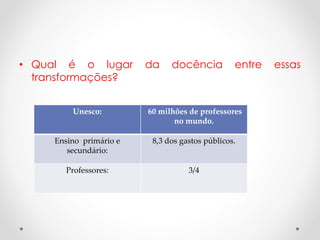 • Qual é o lugar
transformações?

da

docência

entre

Unesco:

60 milhões de professores
no mundo.

Ensino primário e
secundário:

8,3 dos gastos públicos.

Professores:

3/4

essas

 