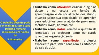 O trabalho docente pode ser analisado, como todo trabalho humano socializado, em função de 3 dimensões: 
•Trabalhocomoatividade:ensinaréagirnaclasseenaescolaemfunçãodaaprendizagemedasocializaçãodosalunos, atuandosobresuacapacidadedeaprender, paraeducá-loscomaajudadeprogramas, métodos,livros,normas,etc. 
•Trabalhocomostatus:remeteàquestãodaidentidadedoprofessortantonaescolaquantonaorganizaçãosocial 
•Trabalhocomoexperiência:professorexperienteparasaberlidarcomassituaçõesdesaladeaula.  