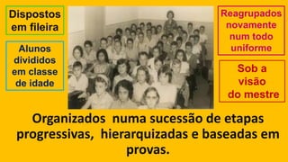 Organizadosnuma sucessão de etapas progressivas, hierarquizadas e baseadas em provas. 
Alunos divididos em classe de idade 
Reagrupados novamente 
num todo uniforme 
Dispostos 
em fileira 
Sob a visão 
do mestre  