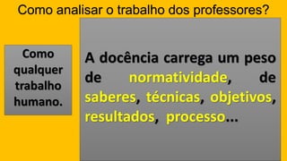 Como analisar o trabalho dos professores? Como qualquer trabalho humano. Adocênciacarregaumpesodenormatividade,desaberes,técnicas,objetivos, resultados,processo...  