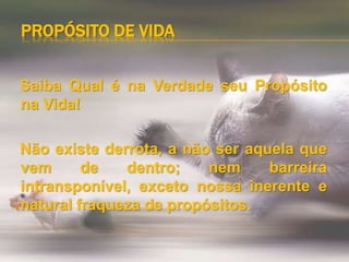 PROPÓSITO DE VIDA
Saiba Qual é na Verdade seu Propósito
na Vida!
Não existe derrota, a não ser aquela que
vem de dentro; nem barreira
intransponível, exceto nossa inerente e
natural fraqueza de propósitos.
 