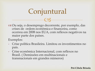 
 Ou seja, o desemprego decorrente, por exemplo, das
crises de ordem econômica e financeira, como
ocorreu em 2008 nos EUA, com reflexos negativos na
maior parte dos países.
Exemplos:
- Crise política Brasileira. Limitou os investimentos no
país.
- Crise econômica Internacional, com reflexos no
Brasil. ( Demissões em multinacionais e
transnacionais em grandes números)
Conjuntural
Prô Cibele Brisola
 