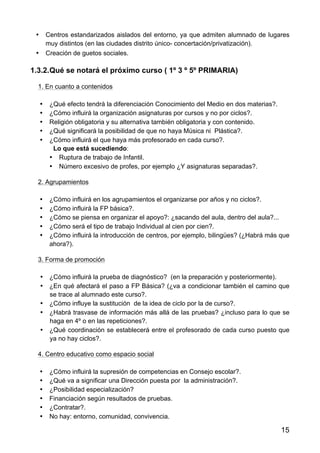 15
• Centros estandarizados aislados del entorno, ya que admiten alumnado de lugares
muy distintos (en las ciudades distrito único- concertación/privatización).
• Creación de guetos sociales.	
  
1.3.2.Qué se notará el próximo curso ( 1º 3 º 5º PRIMARIA)
1. En cuanto a contenidos
• ¿Qué efecto tendrá la diferenciación Conocimiento del Medio en dos materias?.
• ¿Cómo influirá la organización asignaturas por cursos y no por ciclos?.
• Religión obligatoria y su alternativa también obligatoria y con contenido.
• ¿Qué significará la posibilidad de que no haya Música ni Plástica?.
• ¿Cómo influirá el que haya más profesorado en cada curso?.
Lo que está sucediendo:
• Ruptura de trabajo de Infantil.
• Número excesivo de profes, por ejemplo ¿Y asignaturas separadas?.
2. Agrupamientos
• ¿Cómo influirá en los agrupamientos el organizarse por años y no ciclos?.
• ¿Cómo influirá la FP básica?.
• ¿Cómo se piensa en organizar el apoyo?: ¿sacando del aula, dentro del aula?...
• ¿Cómo será el tipo de trabajo Individual al cien por cien?.
• ¿Cómo influirá la introducción de centros, por ejemplo, bilingües? (¿Habrá más que
ahora?).
3. Forma de promoción
• ¿Cómo influirá la prueba de diagnóstico? (en la preparación y posteriormente).
• ¿En qué afectará el paso a FP Básica? (¿va a condicionar también el camino que
se trace al alumnado este curso?.
• ¿Cómo influye la sustitución de la idea de ciclo por la de curso?.
• ¿Habrá trasvase de información más allá de las pruebas? ¿incluso para lo que se
haga en 4º o en las repeticiones?.
• ¿Qué coordinación se establecerá entre el profesorado de cada curso puesto que
ya no hay ciclos?.
4. Centro educativo como espacio social
• ¿Cómo influirá la supresión de competencias en Consejo escolar?.
• ¿Qué va a significar una Dirección puesta por la administración?.
• ¿Posibilidad especialización?
• Financiación según resultados de pruebas.
• ¿Contratar?.
• No hay: entorno, comunidad, convivencia.
 