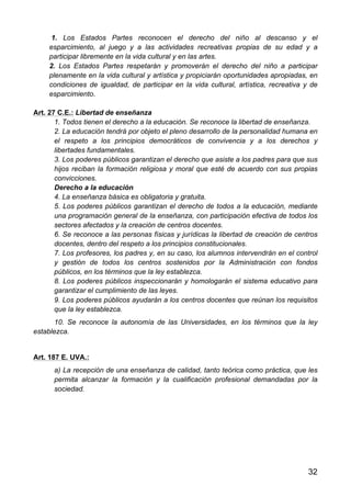 32
1. Los Estados Partes reconocen el derecho del niño al descanso y el
esparcimiento, al juego y a las actividades recreativas propias de su edad y a
participar libremente en la vida cultural y en las artes.
2. Los Estados Partes respetarán y promoverán el derecho del niño a participar
plenamente en la vida cultural y artística y propiciarán oportunidades apropiadas, en
condiciones de igualdad, de participar en la vida cultural, artística, recreativa y de
esparcimiento.
Art. 27 C.E.: Libertad de enseñanza
1. Todos tienen el derecho a la educación. Se reconoce la libertad de enseñanza.
2. La educación tendrá por objeto el pleno desarrollo de la personalidad humana en
el respeto a los principios democráticos de convivencia y a los derechos y
libertades fundamentales.
3. Los poderes públicos garantizan el derecho que asiste a los padres para que sus
hijos reciban la formación religiosa y moral que esté de acuerdo con sus propias
convicciones.
Derecho a la educación
4. La enseñanza básica es obligatoria y gratuita.
5. Los poderes públicos garantizan el derecho de todos a la educación, mediante
una programación general de la enseñanza, con participación efectiva de todos los
sectores afectados y la creación de centros docentes.
6. Se reconoce a las personas físicas y jurídicas la libertad de creación de centros
docentes, dentro del respeto a los principios constitucionales.
7. Los profesores, los padres y, en su caso, los alumnos intervendrán en el control
y gestión de todos los centros sostenidos por la Administración con fondos
públicos, en los términos que la ley establezca.
8. Los poderes públicos inspeccionarán y homologarán el sistema educativo para
garantizar el cumplimiento de las leyes.
9. Los poderes públicos ayudarán a los centros docentes que reúnan los requisitos
que la ley establezca.
10. Se reconoce la autonomía de las Universidades, en los términos que la ley
establezca.
Art. 187 E. UVA.:
a) La recepción de una enseñanza de calidad, tanto teórica como práctica, que les
permita alcanzar la formación y la cualificación profesional demandadas por la
sociedad.
 