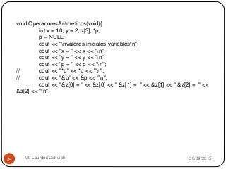30/09/2015Mtl Lourdes Cahuich24
void OperadoresAritmeticos(void){
int x = 10, y = 2, z[3], *p;
p = NULL;
cout << "nvalores iniciales variablesn";
cout << "x = " << x << "n";
cout << "y = " << y << "n";
cout << "p = " << p << "n";
// cout << "*p" << *p << "n";
// cout << "&p" << &p << "n";
cout << "&z[0] = " << &z[0] << " &z[1] = " << &z[1] << " &z[2] = " <<
&z[2] << "n";
 