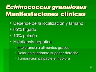 Echinococcus granulosus  Manifestaciones clínicas Depende de la localización y tamaño 65% hígado 10% pulmón Hidatidosis hepática Intolerancia a alimentos grasos Dolor en cuadrante superior derecho Tumoración palpable e indolora 