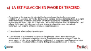 c) LA ESTIPULACION EN FAVOR DE TERCERO.
• Consiste en la declaración de voluntad hecha por el promitente al momento de
celebrarse un contrato, por medio de la cual se obliga a petición del estipulante a cumplir
una determinada prestación a favor de un tercero al contrato celebrado, es decir, el
estipulante declara a cargo del promitente cierta obligación que éste deberá llevar a cabo
a favor del tercero; se trata, pues, de una promesa contenida en un contrato de
beneficiar a un tercero, en la que intervienen como sujetos:
• El promitente, el estipulante y un tercero.
• El promitente es quien emite su voluntad obligándose a favor de un tercero; el
estipulante es quien tiene interés jurídico de que el promitente se obligue a favor del
tercero que no interviene en el contrato celebrado; y el tercero es aquella persona ajena
al contrato que resulta ser el beneficiario de la promesa contenida en el mismo.
 