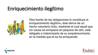Enriquecimiento ilegítimo
Otra fuente de las obligaciones lo constituye el
enriquecimiento ilegítimo, éste deriva de un
hecho voluntario lícito, mediante el cual aquel que
sin causa se enriquece en perjuicio de otro, está
obligado a indemnizarlo de su empobrecimiento
en la medida que él se ha enriquecido
 