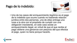 Pago de lo indebido:
• Uno de los casos del enriquecimiento ilegítimo es el pago
de lo indebido que ocurre cuando no habiendo relación
jurídica entre dos personas, una de ellas entrega una
cosa a la otra con el propósito de cumplir con una
obligación inexistente, en este caso existe un
enriquecimiento ilegal, en virtud de que el que recibe el
pago obtiene una ganancia con perjuicio del que efectúa
el pago, quien no tiene porque hacerlo.
 