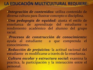 •Integración de contenidos: utiliza contenido de
diversa cultura para ilustrar concepto o disciplina.
•Una pedagogía de equidad: ajusta el estilo de
enseñanza de aprendizaje del estudiante o
rendimiento académico del alumno del grupo
racial.
• Procesos de construcción de conocimiento:
ayuda al estudiante
a que comprenda el
conocimiento.
•Reducción de prejuicios: la actitud racional del
estudiante es modificarse a través de la enseñanza.
•Cultura escolar y estructura social: examina la
practica, la participación y la interacción entre el
personal.

 