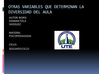 OTRAS VARIABLES QUE DETERMINAN LA
DIVERSIDAD DEL AULA
AUTOR: BORIS
DAMIAN TOLA
VASQUEZ
MATERIA:
PSICOPEDAGOGIA
CICLO:
SEGUNDO CICLO

 