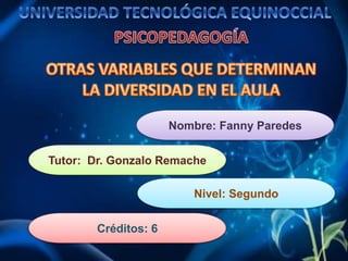 Nombre: Fanny Paredes
Tutor: Dr. Gonzalo Remache
Nivel: Segundo
Créditos: 6
 
