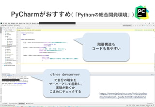 PyCharmがおすすめ(「Pythonの総合開発環境」)
ベイズ塾合宿 日目
2021 2
11:10~11:50
階層構造も
コードも見やすい
oTree devserver
で自分の端末を
サーバーとして起動し、
実験が動くか
こまめにチェックする
https://www.jetbrains.com/help/pychar
m/installation-guide.html#standalone
 