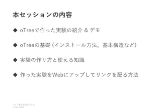 本セッションの内容
 oTreeで作った実験の紹介 & デモ
 oTreeの基礎 (インストール方法、基本構造など)
 実験の作り方と使える知識
 作った実験をWebにアップしてリンクを配る方法
ベイズ塾合宿 日目
2021 2
11:10~11:50
 