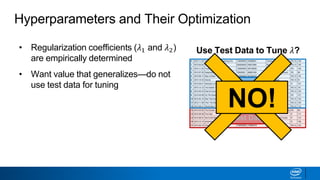 Hyperparameters and Their Optimization
• Regularization coefficients (𝜆1 and 𝜆2)
are empirically determined
• Want value that generalizes—do not
use test data for tuning
• Create additional split of data to tune
hyperparameters—validation set
• Cross validation can also be used on
training data
Training Data
Test Data
NO!
Use Test Data to Tune 𝜆?
 