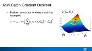 • Perform an update for every 𝑛 training
examples
𝐽 𝛽0, 𝛽1
𝛽1 𝛽0
Mini Batch Gradient Descent
𝜔0
𝜔1
𝜔1 = 𝜔0 − 𝛼𝛻
1
2
𝑖=1
𝑛
𝛽0 + 𝛽1 𝑥 𝑜𝑏𝑠
(𝑖)
− 𝑦𝑜𝑏𝑠
(𝑖)
2
 