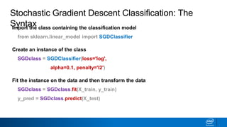 Import the class containing the classification model
from sklearn.linear_model import SGDClassifier
Create an instance of the class
SGDclass = SGDClassifier(loss='log',
alpha=0.1, penalty='l2')
Fit the instance on the data and then transform the data
SGDclass = SGDclass.fit(X_train, y_train)
y_pred = SGDclass.predict(X_test)
Stochastic Gradient Descent Classification: The
Syntax
 