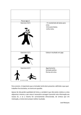 Pausa água 1
Exercício 4 (4´) - Tr manda bola de baixo para
cima;
-Cima para baixo;
-Linha recta.
Exercício 5 (5´) Colocar resultado em jogo.
Exercício 6 (5’) Agachamento
Sentado joelhos
Pernas em cima
Para concluir, é importante que o treinador tenha bem presente e definido o que quer
trabalhar fora da baliza, no treino em questão.
Apesar de não perder qualidade de treino, a verdade é que não existe a baliza e a área
adjacente à mesma, e por vezes é necessário conseguir transmitir esta informação aos
nossos Gr, e se a mesma for correctamente direccionada, de certeza que em
motivação, o treino terá sempre melhor resultado.
José Marques
 