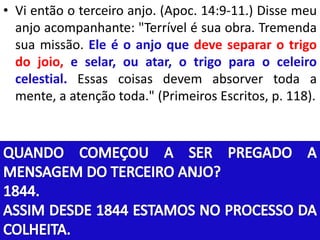 • Vi então o terceiro anjo. (Apoc. 14:9-11.) Disse meu 
anjo acompanhante: "Terrível é sua obra. Tremenda 
sua missão. Ele é o anjo que deve separar o trigo 
do joio, e selar, ou atar, o trigo para o celeiro 
celestial. Essas coisas devem absorver toda a 
mente, a atenção toda." (Primeiros Escritos, p. 118). 
 
