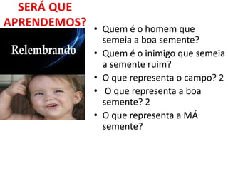 • Quem é o homem que
semeia a boa semente?
• Quem é o inimigo que semeia
a semente ruim?
• O que representa o campo? 2
• O que representa a boa
semente? 2
• O que representa a MÁ
semente?
 