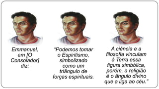 Emmanuel,      “Podemos tomar           A ciência e a
  em [O          o Espiritismo,      filosofia vinculam
Consolador]       simbolizado            à Terra essa
   diz:             como um           figura simbólica,
                  triângulo de       porém, a religião
              forças espirituais.    é o ângulo divino
                                    que a liga ao céu.”
 
