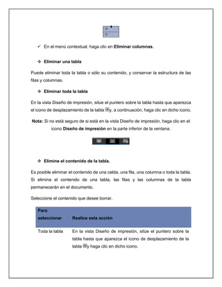  En el menú contextual, haga clic en Eliminar columnas.
 Eliminar una tabla
Puede eliminar toda la tabla o sólo su contenido, y conservar la estructura de las
filas y columnas.
 Eliminar toda la tabla
En la vista Diseño de impresión, sitúe el puntero sobre la tabla hasta que aparezca
el icono de desplazamiento de la tabla y, a continuación, haga clic en dicho icono.
Nota: Si no está seguro de si está en la vista Diseño de impresión, haga clic en el
icono Diseño de impresión en la parte inferior de la ventana.
 Elimine el contenido de la tabla.
Es posible eliminar el contenido de una celda, una fila, una columna o toda la tabla.
Si elimina el contenido de una tabla, las filas y las columnas de la tabla
permanecerán en el documento.
Seleccione el contenido que desee borrar.
Para
seleccionar Realice esta acción
Toda la tabla En la vista Diseño de impresión, sitúe el puntero sobre la
tabla hasta que aparezca el icono de desplazamiento de la
tabla y haga clic en dicho icono.
 