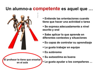 Un alumno-a competente es aquel que …
 Entiende las orientaciones cuando
tiene que hacer una actividad o tarea
 Se expresa adecuadamente a nivel
escrito y oral
 Sabe aplicar lo que aprende en
diferentes contextos y situaciones
 Es capaz de controlar su aprendizaje
 Le gusta trabajar en equipo
 Es autónomo
 Su autoestima es buena
 Le gusta ayudar a los compañeros …
El profesor lo tiene que enseñar
en el aula
 