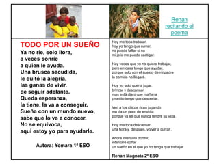 Hoy me toca trabajar,
hoy yo tengo que currar,
no puedo faltar si no
mi jefe me puede castigar.
Hay veces que yo no quiero trabajar,
pero en casa tengo que ayudar,
porque solo con el sueldo de mi padre
la comida no llegará.
Hoy yo solo quería jugar,
brincar y descansar
mas está claro que mañana
prontito tengo que despertar.
Veo a los chicos ricos jugando
me da un poco de envidia
porque ya sé que nunca tendré su vida.
Hoy me toca descansar
una hora y, después, volver a currar .
Ahora intentaré dormir,
intentaré soñar
un sueño en el que yo no tenga que trabajar.
Renan Magnata 2º ESO
TODO POR UN SUEÑO
Ya no ríe, solo llora,
a veces sonríe
a quien le ayuda.
Una brusca sacudida,
le quitó la alegría,
las ganas de vivir,
de seguir adelante.
Queda esperanza,
la tiene, la va a conseguir.
Sueña con un mundo nuevo,
sabe que lo va a conocer.
No se equivoca,
aquí estoy yo para ayudarle.
Autora: Yomara 1ª ESO
Renan
recitando el
poema
 