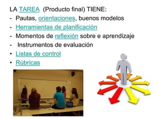 LA TAREA (Producto final) TIENE:
- Pautas, orientaciones, buenos modelos
- Herramientas de planificación
- Momentos de reflexión sobre e aprendizaje
- Instrumentos de evaluación
• Listas de control
• Rúbricas
 