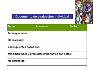 Documento de evaluación individual
Tarea: Alumno/a: Fecha:
Tenía que hacer:
He realizado:
Los siguientes pasos son:
Mis dificultades y preguntas importantes son éstas:
He aprendido:
 