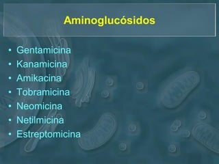Aminoglucósidos

•   Gentamicina
•   Kanamicina
•   Amikacina
•   Tobramicina
•   Neomicina
•   Netilmicina
•   Estreptomicina
 