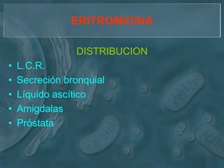 ERITROMICINA

                DISTRIBUCION
•   L.C.R.
•   Secreción bronquial
•   Líquido ascítico
•   Amigdalas
•   Próstata
 
