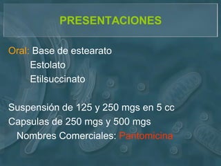 PRESENTACIONES

Oral: Base de estearato
     Estolato
     Etilsuccinato

Suspensión de 125 y 250 mgs en 5 cc
Capsulas de 250 mgs y 500 mgs
 Nombres Comerciales: Pantomicina
 