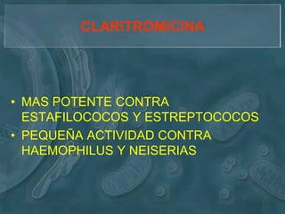 CLARITROMICINA




• MAS POTENTE CONTRA
  ESTAFILOCOCOS Y ESTREPTOCOCOS
• PEQUEÑA ACTIVIDAD CONTRA
  HAEMOPHILUS Y NEISERIAS
 