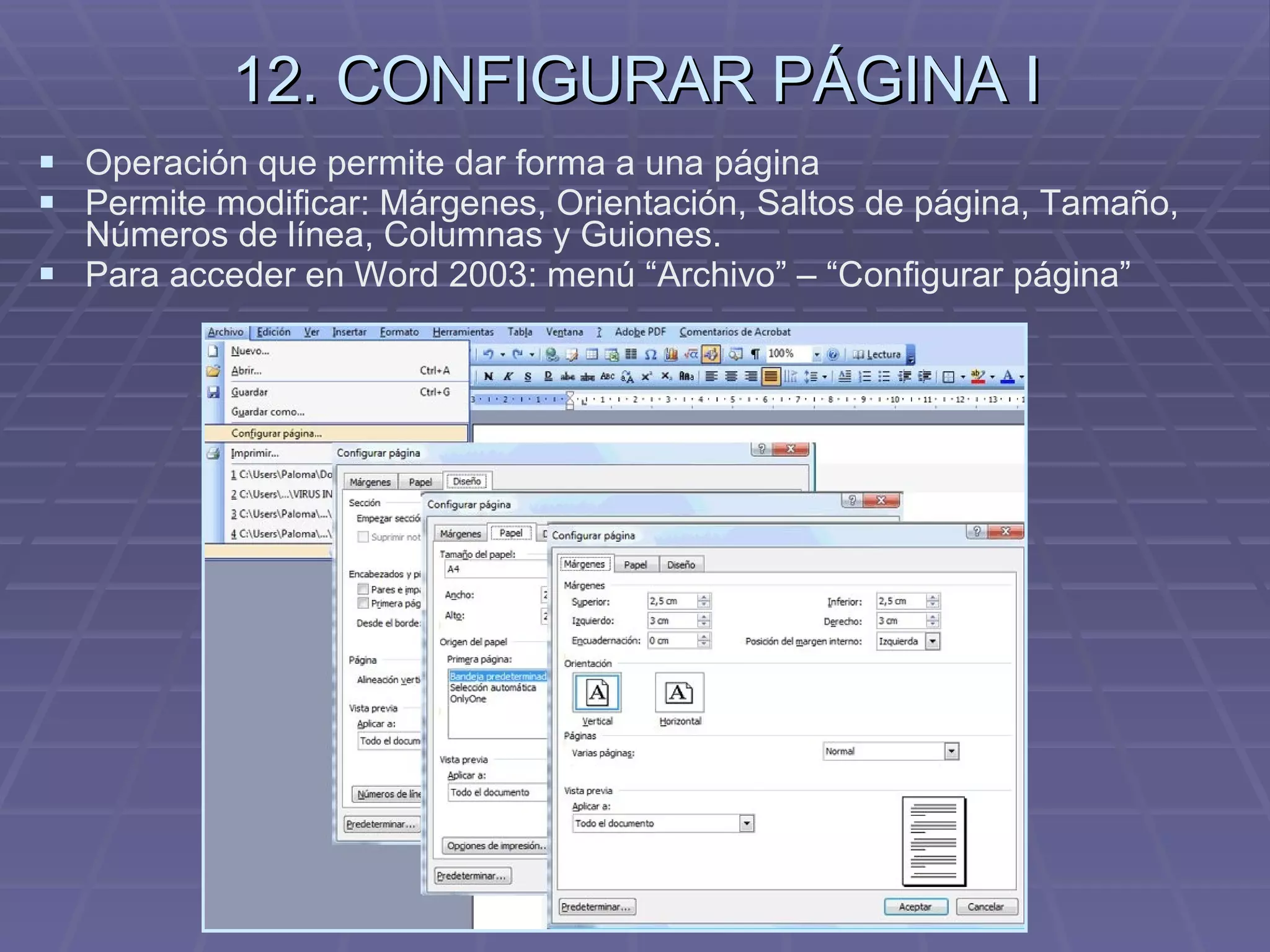 12. CONFIGURAR PÁGINA I Operación que permite dar forma a una página  Permite modificar: Márgenes, Orientación, Saltos de página, Tamaño, Números de línea, Columnas y Guiones. Para acceder en Word 2003: menú “Archivo” – “Configurar página” 