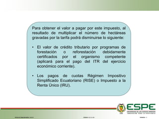 FECHA ÚLTIMA REVISIÓN: 13/12/11 VERSIÓN: 1.0CÓDIGO: SGC.DI.260
Para obtener el valor a pagar por este impuesto, al
resultado de multiplicar el número de hectáreas
gravadas por la tarifa podrá disminuirse lo siguiente:
• El valor de crédito tributario por programas de
forestación o reforestación debidamente
certificados por el organismo competente
(aplicará para el pago del ITR del ejercicio
económico corriente).
• Los pagos de cuotas Régimen Impositivo
Simplificado Ecuatoriano (RISE) o Impuesto a la
Renta Único (IRU).
 